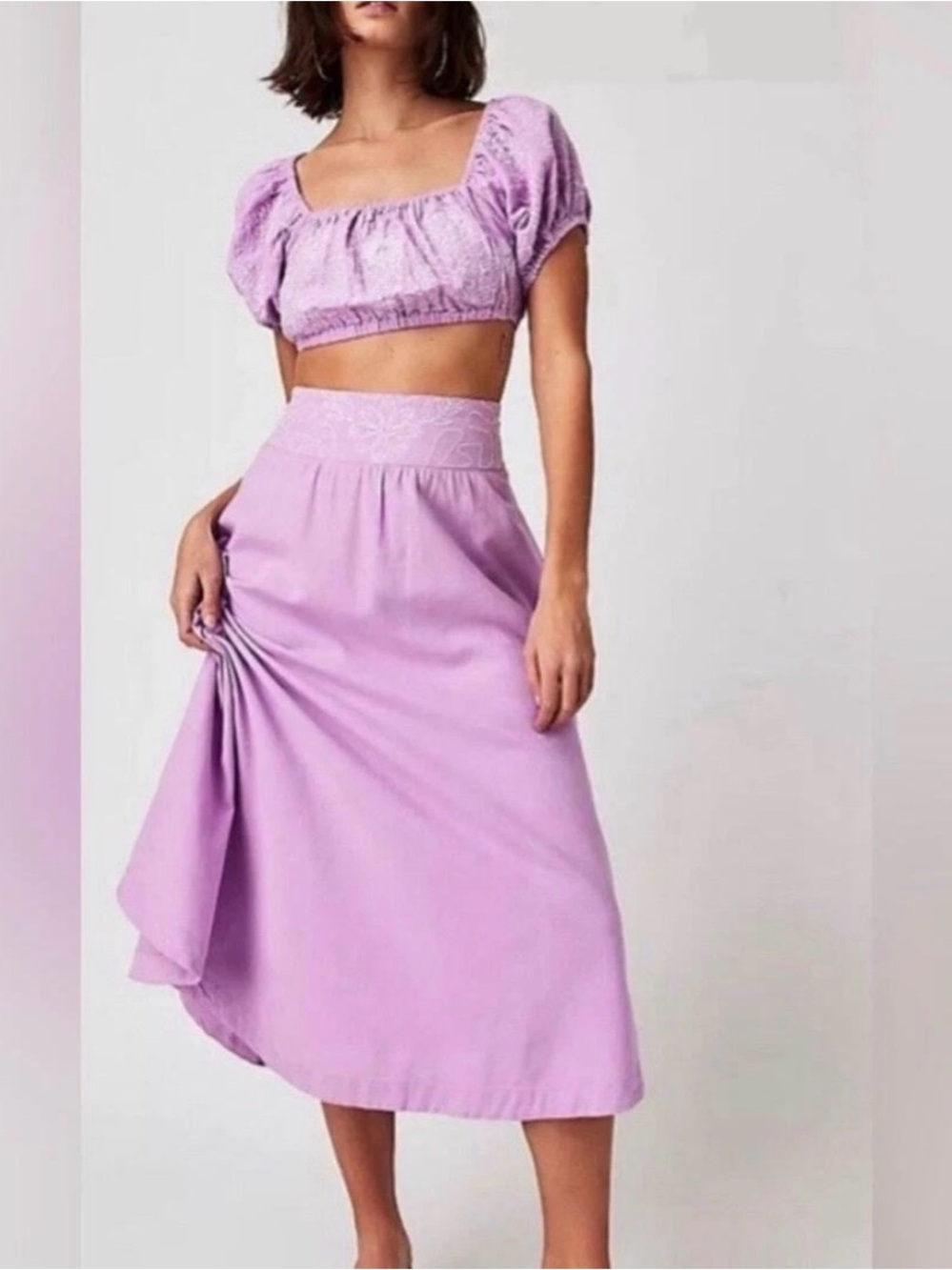 Free People Lilac High-Rise Midi Skirt with Puffed Sleeve Crop Top Two Piece Set